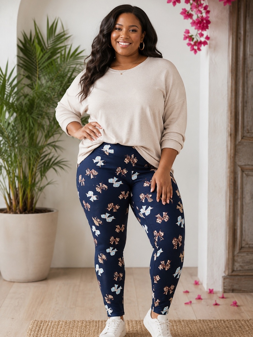 Feeling Festive Navy Bow Print Leggings Size XL